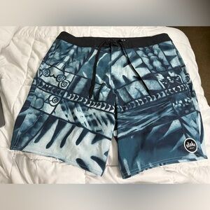 RVCA Men's Abstract Print Swim Shorts in Black and Blue size 38 in